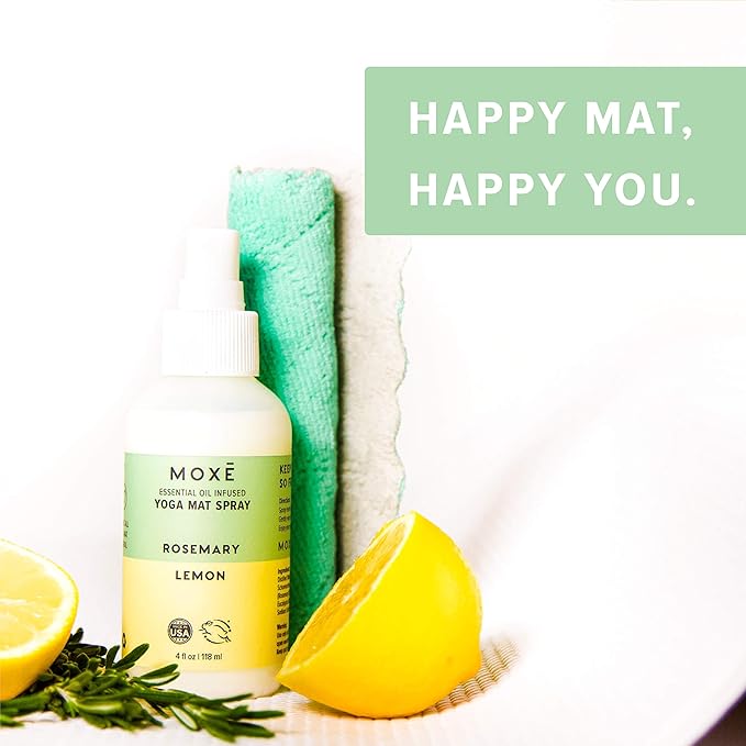MOXE Yoga Mat Cleaner Spray, Rosemary & Lemon Essential Oil, Safe for All Mats & Exercise Equipment, Odor & Sweat Protection, Includes Microfiber Cleaning Towel, Green America Certified, 4 Oz (2 Pack)