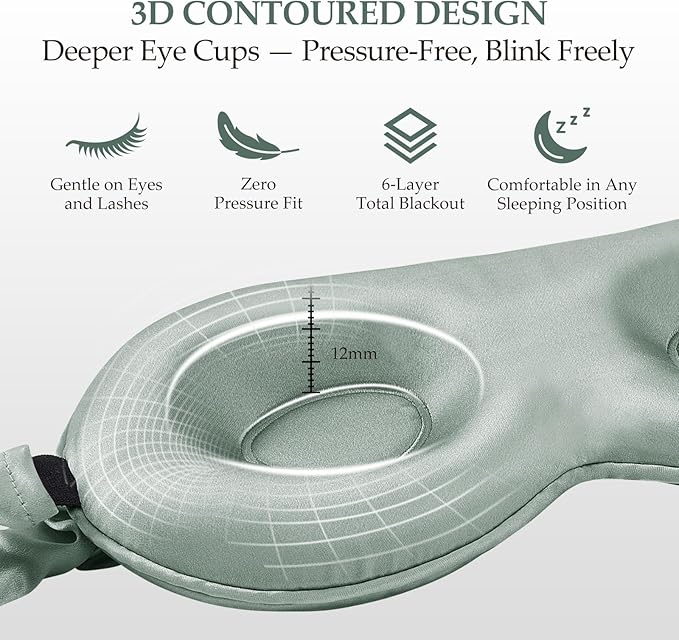 100% Mulberry Silk Sleep Mask for Unisex, 22 Momme 3D Silk Contoured Eye Mask, Breathable Light Blocking Blindfold with Adjustable Strap, Blackout Eye Cover for Travel, Grayish Green