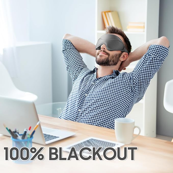 Sleep Mask - Total Blackout 3D Sleeping Mask, Super Lightweight & Silky Soft Eye Mask for Sleeping, Fully Adjustable Fit for Home, Office, Traveling, Meditation, Yoga, Gray