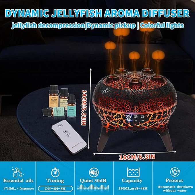 BOHOFAM Jellyfish Essential Oil Diffuser 250ML,Aroma Diffuser Hears Sound to Spray Dancing Jellyfish Mist,7 Colorful Lights, 4 * 10ML Hotel Collection Diffuser Oils Scents for Home Bedroom(Black)