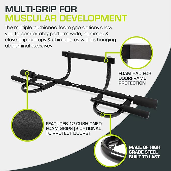 ProsourceFit Multi-Grip Lite Pull Up/Chin Up Bar, Heavy Duty Doorway Upper Body Workout Bar for Home Gyms 24”-32”