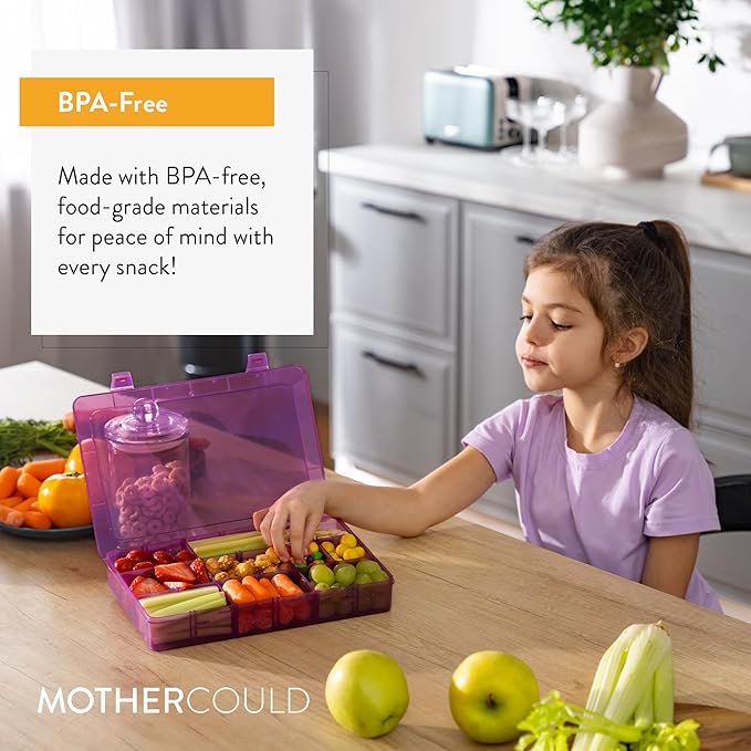 Large Kids Snack Box Containers Set of 2 -100 Labels, BPA-Free, Adjustable Compartments, Dishwasher Safe, Reusable Tray, Food Grade, Meal Prep Container, PARENT TESTED PARENT APPROVED AWARD (Purple)