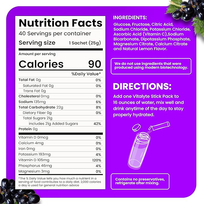 Vitalyte Electrolytes Packets Isotonic Sports Drink | Electrolytes Powder Packets Sports Nutrition Electrolyte Replacement Drinks Dehydration Relief Packets