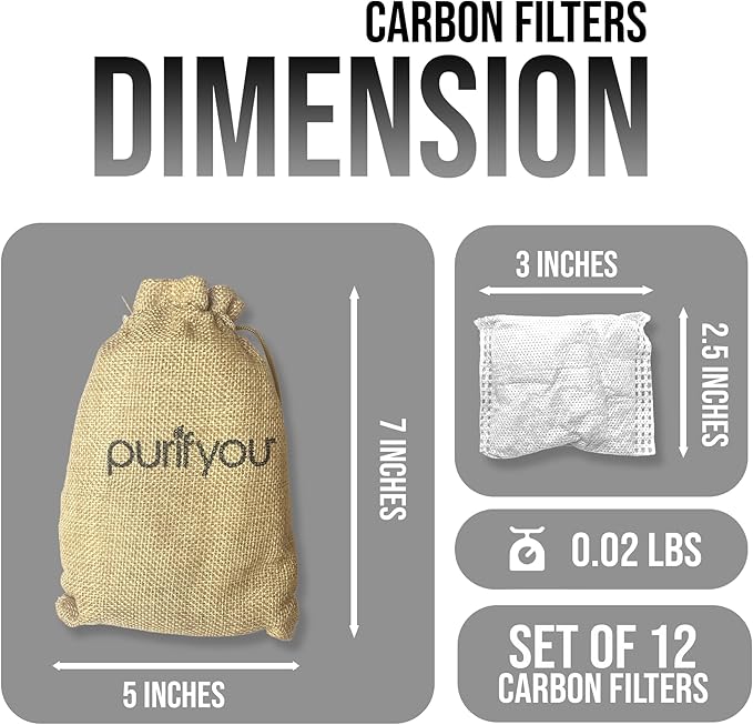 100% Natural Bamboo Charcoal Air Purifying Bag - Set of 12 Carbon Filters, Deodorizer Bags, Odor Absorber for Diaper Pail, Trash, Shoes, Closets, Cars, Fridge, Pets House, Kitchen, Home by purifyou