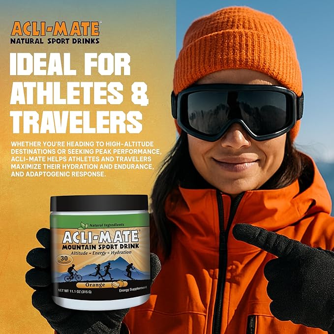 Acli-Mate Mountain Sport Drink Mix - High Altitude Acclimatization Electrolyte Powder - Energy Powder Mix - Recovery Hydration Drink for Running, Hiking, Cycling, Hunting, Skiing & More (1 Tub,Orange)