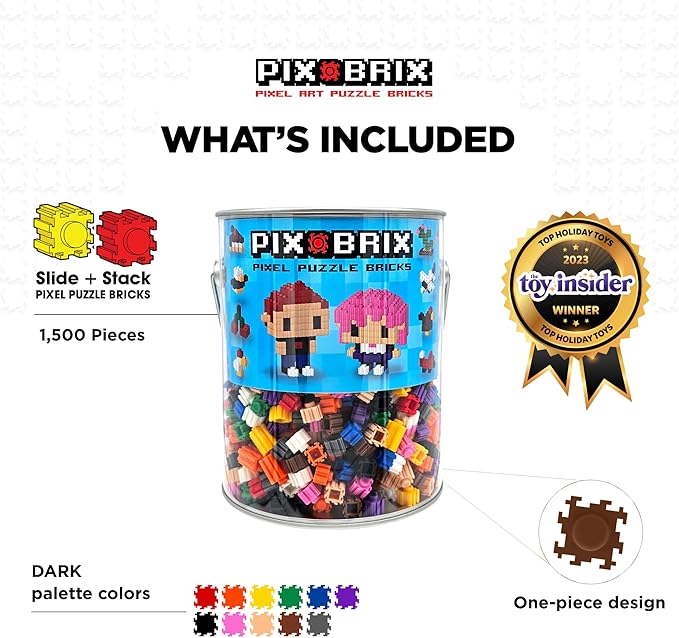 Pix Brix Pixel Art Puzzle Bricks Bucket – 1,500 Piece Pixel Art Kit with 11 Colors, Dark Palette – Interlocking Building Bricks, 2D and 3D Builds – Stem Toys, Ages 6 Plus