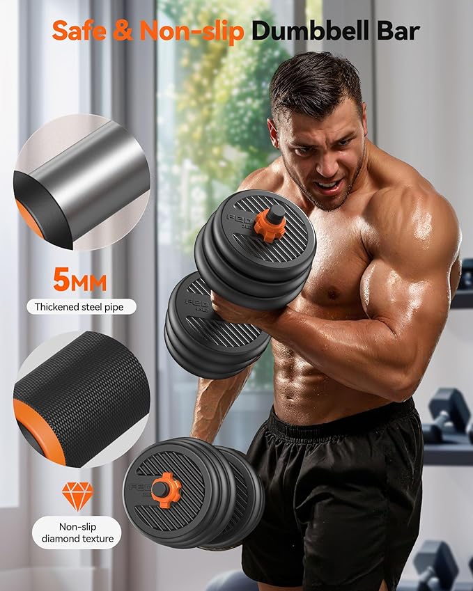 FEIERDUN Adjustable Dumbbells, 20/30/40/45/70/90lbs Free Weight Set with Connector, 5 in1 Dumbbells Set Used as Barbell, Kettlebells, Push up Stand, Weight Plate, Fitness Exercises for Home Gym Suitable Men/Women