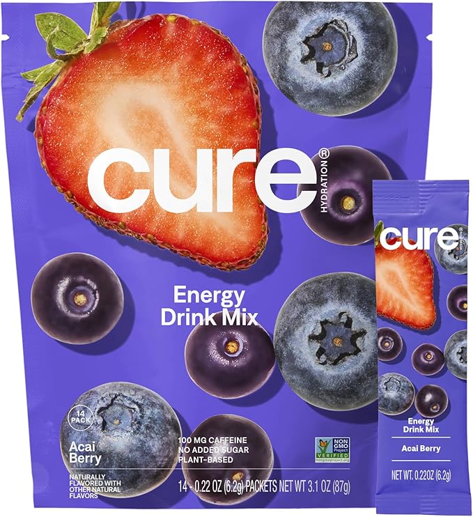 Cure Hydration Performance | Plant-Based Electrolyte Energy Drink Mix | No Added Sugar | Dehydration Relief Powder | 100mg of Caffeine | Non-GMO | Vegan | Pouch of 14 Packets - Acai Berry