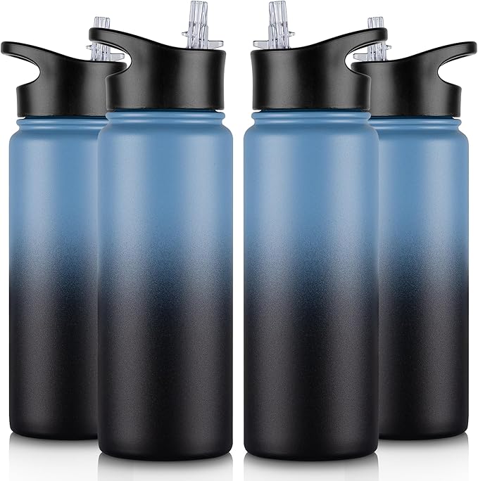 24 oz Insulated Water Bottle Bulk 4 Pack, Stainless Steel Sports Water Bottles with Straw Lid & Wide Mouth Lids, Double Walled Vacuum, Leak Proof, Blue Black Gradient