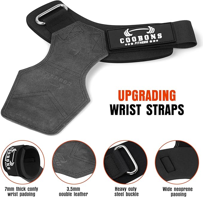 Lifting Wrist Straps for Weightlifting, Double Layer Leather for Weight Lifting Wrist Wraps, Deadlifts, Heavy Powerlifting and Adjustable Wrist Hooks for Strength Training, Gym Workouts Men/Women