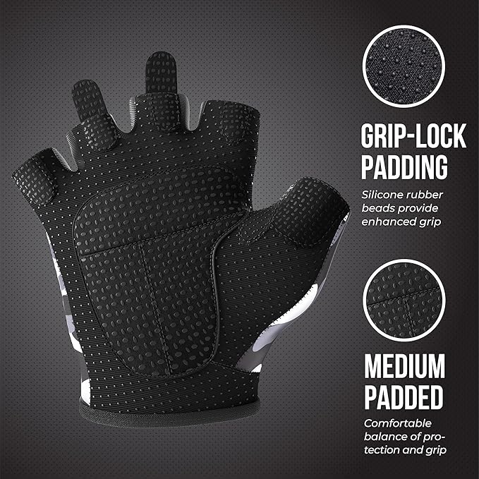 5217 Women's Design Series Camo Print Lifting and Rowing Gloves (Pair) - Lightweight Vegan Medium Padded Microfiber Amara Leather w/Griplock Silicone