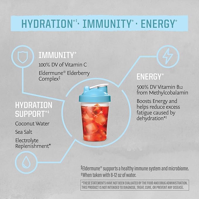 Electrolyte Powder Hydration Packets Powder B12 Elderberry | Coconut Berry Flavored 18 Stick Packs Box | Vegan and Plant-Based Sugar Free