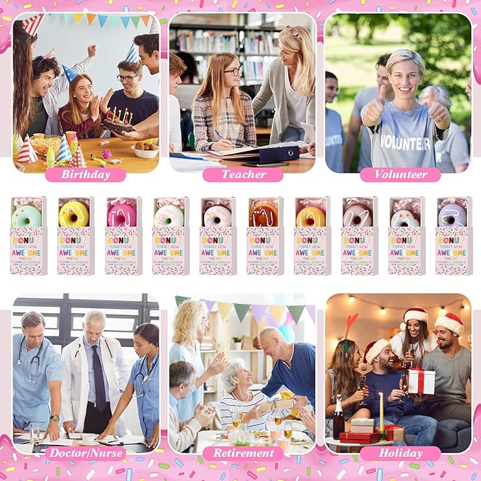 Wettarn 24 Sets Appreciation Donut Gifts Cute Stress Balls with Support Gift Boxes Inspirational Party Favors for Employee Coworker Friends Office Positive Stress Relief Toys