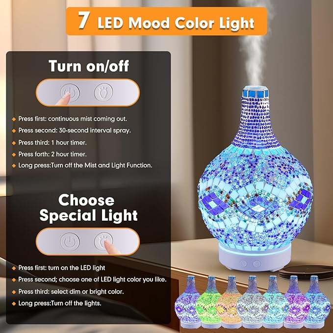 Tiffany Essential Oil Diffuser,Mosaic Glass Aromatherapy Diffuser Cold Air Ultrasonic Diffuser Turkish Moroccan Essential Oils for Diffusers for Home Office SPA
