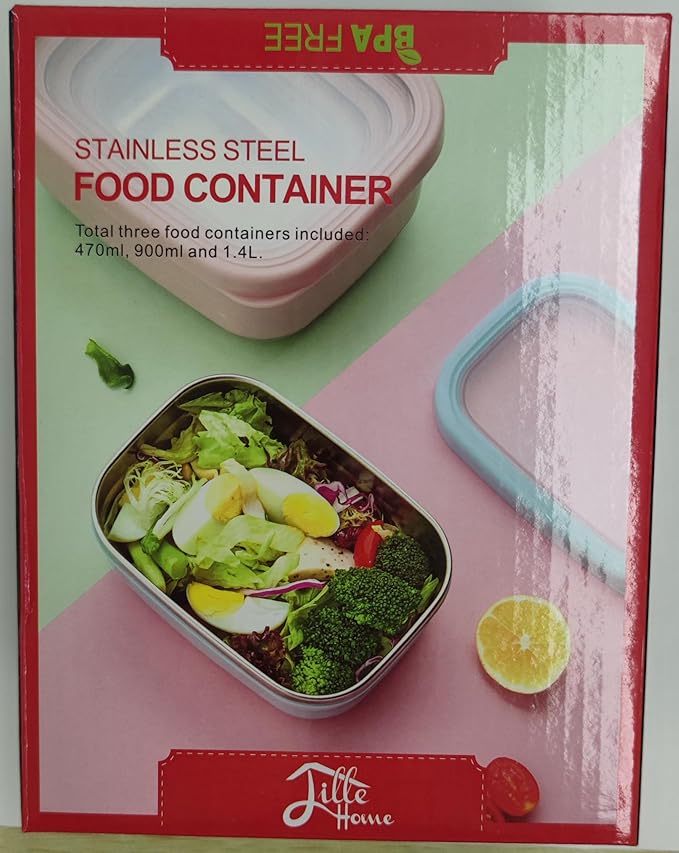 Lille Home Leak Proof Stainless Steel Lunch Snack Containers Set - Ideal for Educational Settings and Daycare - Nesting Trio with Silicone Lids - 47oz+30oz+16oz - Pink