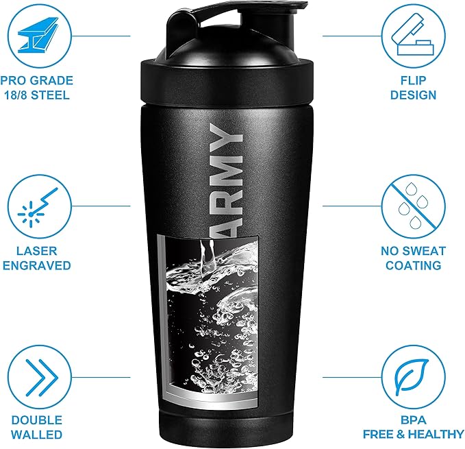 24oz Army Insulated Shaker Bottle - 24oz Water Bottle – Shaker Cup for Protein Shakes - US Army Gifts | Disabled Vet Owned Business | Army Shaker Cup