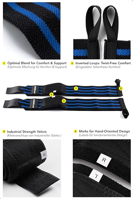 Fitgriff® Wrist Wraps for Weightlifting (18") Heavy-Duty Support for Gym, Bench Press, and Pushups (1 Pair) - for Men and Women (Black/Blue)