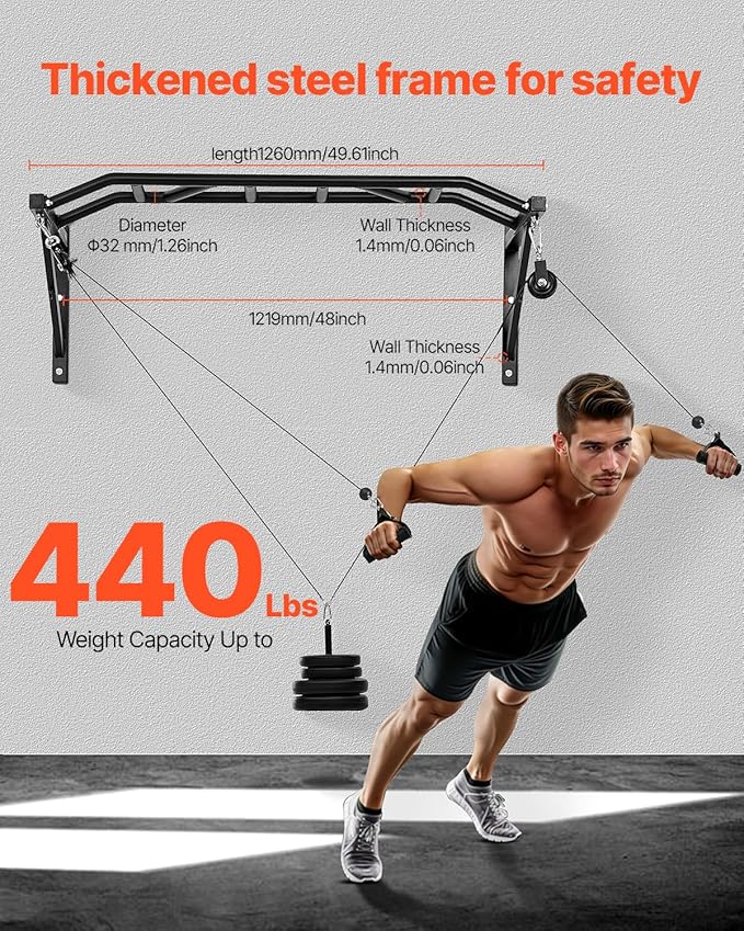 VEVOR Pull Up Bar, Multi-Grip Wall Mounted Pull Ups, 50 in Width Multifunctional Chin Up Training Station, Heavy Duty Steel Upper Body Workout Bars with LAT Pulldown Attachments, 440 lbs, for Home Gym