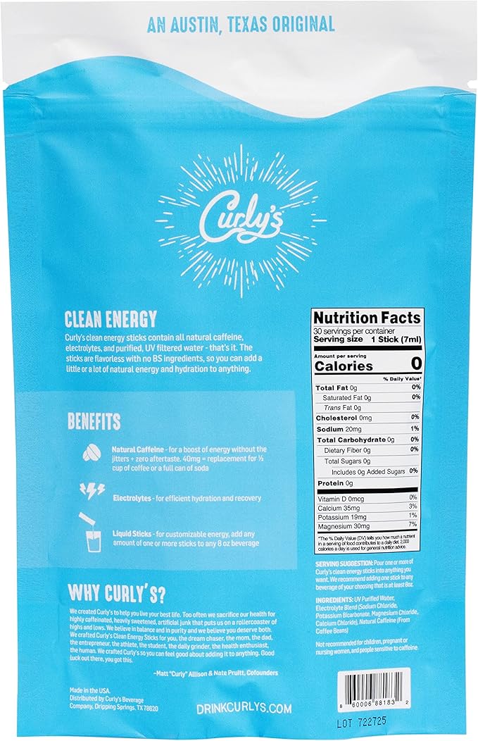 Curly's Clean Energy Caffeine & Electrolyte Sticks - Energize Your Favorite Drink - Keto, Paleo & Whole 30 Friendly - All Natural - No Sugar, No Calories, Non-GMO - 30 Flavorless Liquid Stick Packs