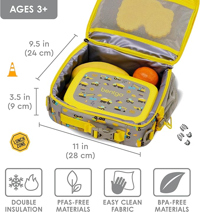 Bentgo Kids Lunch Bag - Durable, Double-Insulated Lunch Bag for Kids 3+; Holds Lunch Box, Water Bottle, & Snacks; Easy-Clean Water-Resistant Fabric & Multiple Zippered Pockets (Construction Trucks)