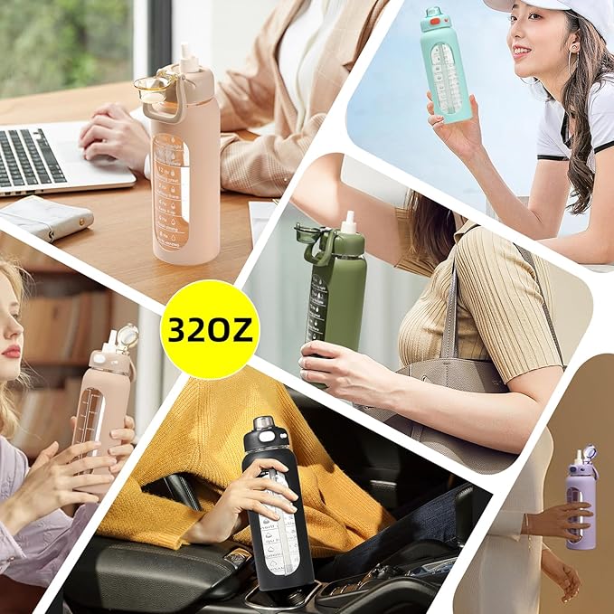 SIEROZUR 32 Glass Water Bottle with Straw and Handle Motivational Water Bottles with Silicone Sleeve and Time Marker Leakproof Borosilicate Water Bottle for Gym Home Office