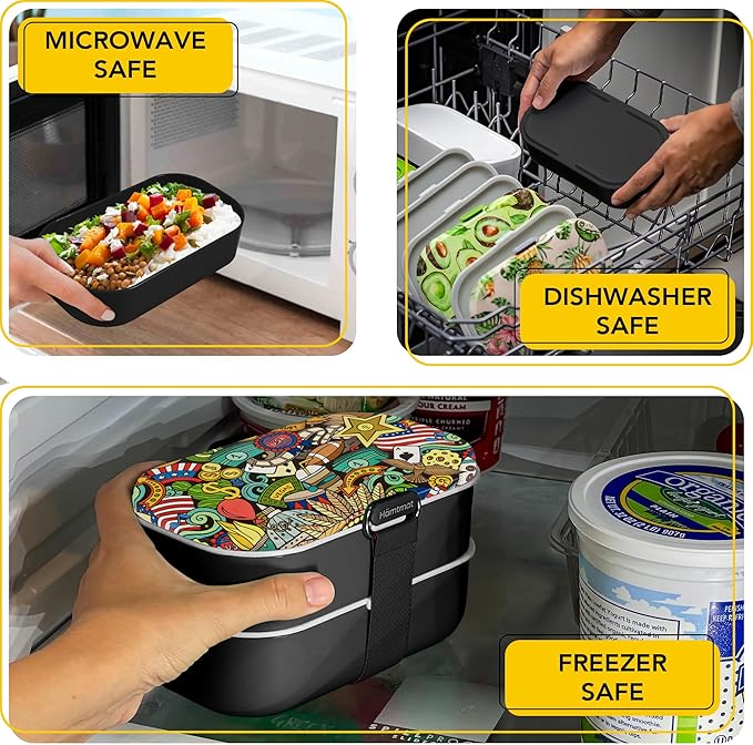 Insulated Stackable Bento Box for Adults with Reusable Chopsticks Japanese Lunch Box Microwavable & Leak Proof Lunch Containers for Men & Women Modern Cute Food Container with Compartments (Black)