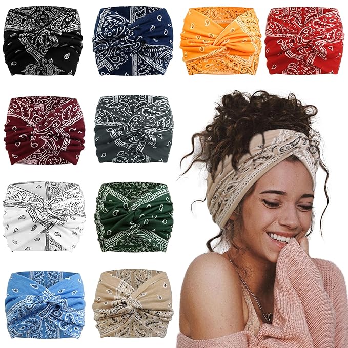 AKTVSHOW 7'' Wide Bandana Headbands for Women, 10 Pack Large Boho Paisley Turban Headband Fashion Non Slip Hairbands Thick Head Wraps Yoga Workout Hair Accessories