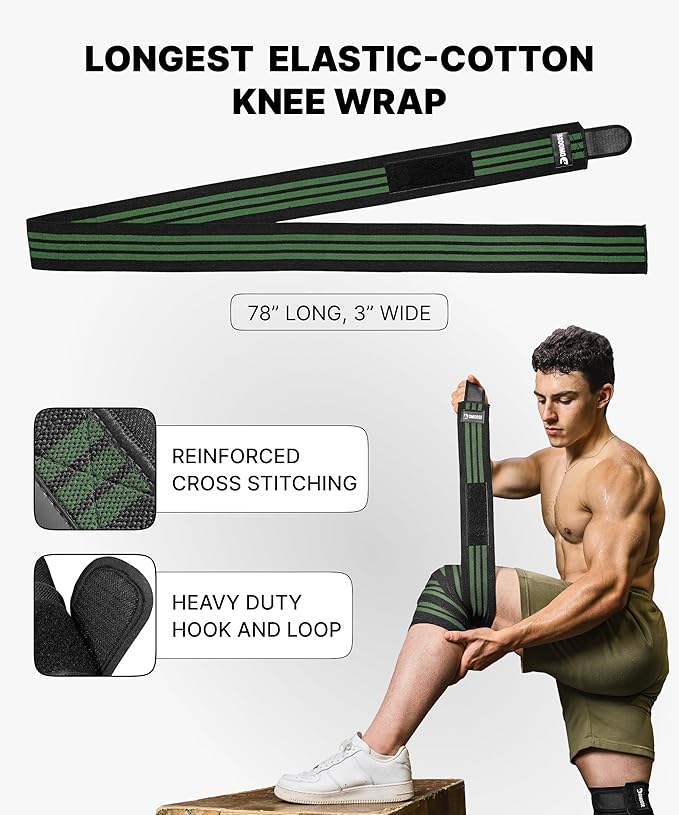 DMoose Fitness Knee Wraps for Weightlifting (Pair) – 78” Gym Brace Straps for Joint Stability & Pain Relief - Perfect for Squats & Working Out - USPA Approved Knee Wrap Supports for Men and Women
