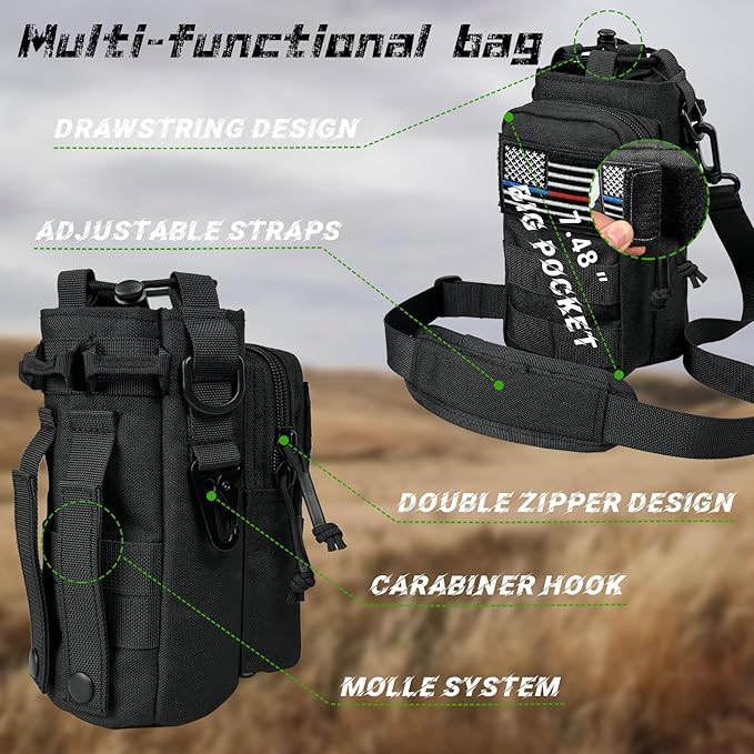 32 Oz Insulated Water Bottle - Stainless Steel Metal Military Black Water Jug with Sleeve, Gym Water Bottles for Men Sports Workout Hiking with Black Water Bottle Pouch