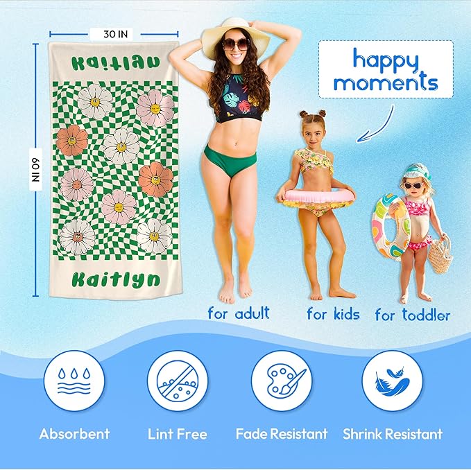 JML Personalized Beach Towel with Name, Custom Flower Beach Towel, Customized Microfiber Pool Towel, Quick Dry & Absorbent Swim Towel for Adult,Mother's Day, Birthday, Summer Holiday,Vacation