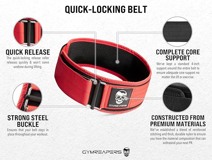 Gymreapers Quick Locking Weight Lifting Belt for Men Gym Belt for Powerlifting Deadlift Belt with 4 Inch Neoprene Metal Buckle Back Support Weightlifting Belt Women