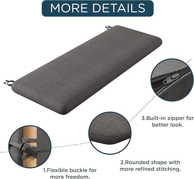 Codi Outdoor Bench Cushion for Patio Furniture 48x18x3 Inch – Linen Texture, Fade Resistant, Waterproof, Removable Cover, Comfortable High-Density Foam for Garden & Porch, Grey