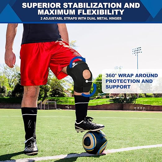 Knee Brace with Side Stabilizers for Knee Pain Meniscal Tear ACL MCL Arthritis Hyperextension Injury Recovery, Adjustable Plus Size Knee Brace for Men and Women Strong Stability Knee Support