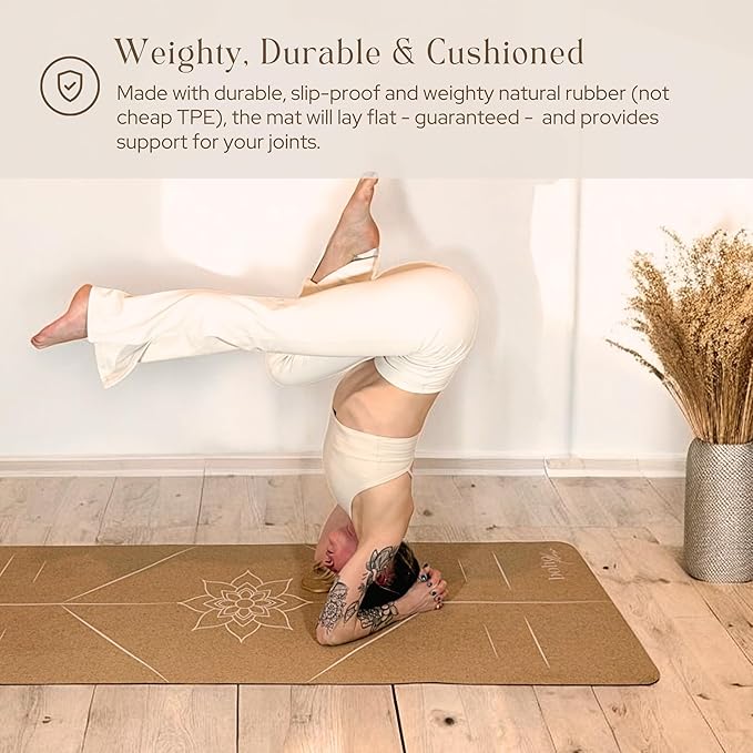 Premium Cork Yoga Mat Large 72"x26" – 5mm Thick Natural Rubber Cushioning - Non Slip Grip for Hot Yoga - Optional Alignment Lines & Elegant Yoga Bag Or Strap