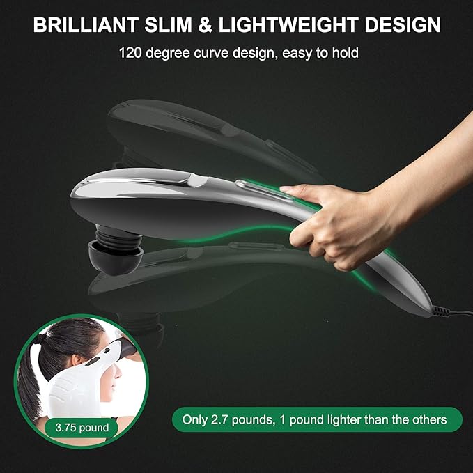 MEGAWISE Handheld Back Massager | Deep Tissue Percussion Massage for Back, Neck, Shoulders, Waist and Legs (Silver Grey) with 6ft Power Cord, Ergonomic Handle