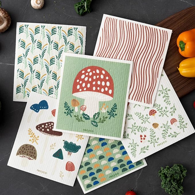 RECYCO Swedish Dishcloths for Kitchen | 6 Packs Forest Mushroom Washable Dish Rags | Cellulose Reusable Cleaning Paper Towels | Absorbent Counter Dish Cloth Sponge Kitchen Wipes, 8" L x 7" W