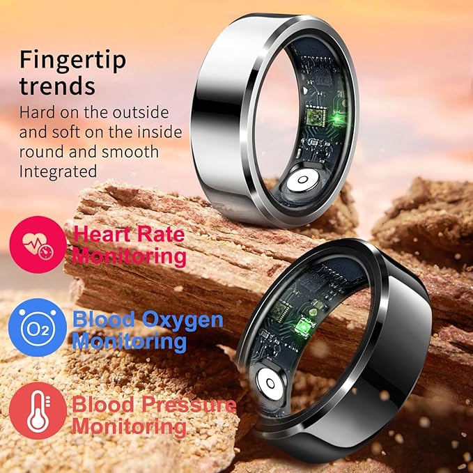 Smart Heart Rate Monitor & Sleep Tracker - Health Ring with Blood Pressure, Step Counter, Calories, Waterproof Fitness Ring for Women and Men