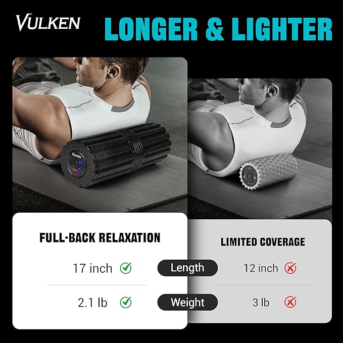 Vulken Extra Long 17” Vibrating Foam Roller 4 Speeds 3800RPM High Intensity Quick Charge Electric Foam Roller Tissue Massager for Muscle Recovery