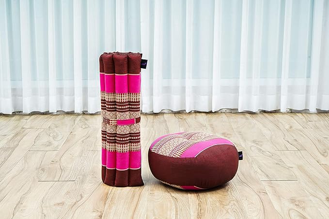 Leewadee Meditation Cushion Set – 1 Small Zafu Yoga Pillow and 1 Small Roll-Up Zabuton Mat Filled with Kapok