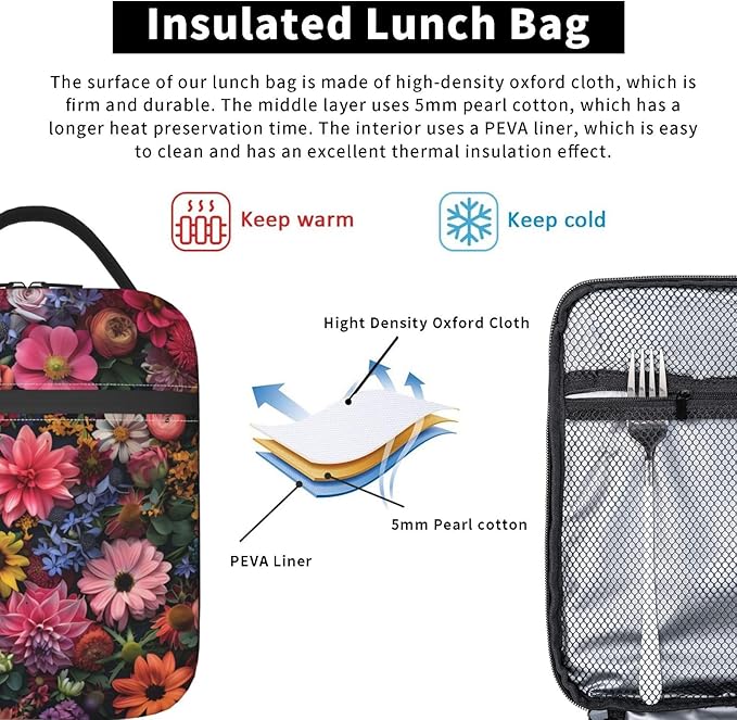 Insulated Lunch Box for Women Men, Floral Flower Theme Lunch Box Reusable Portable Lunch Bag Cooler Tote Waterproof Lunch Container for Office Picnic Work Travel