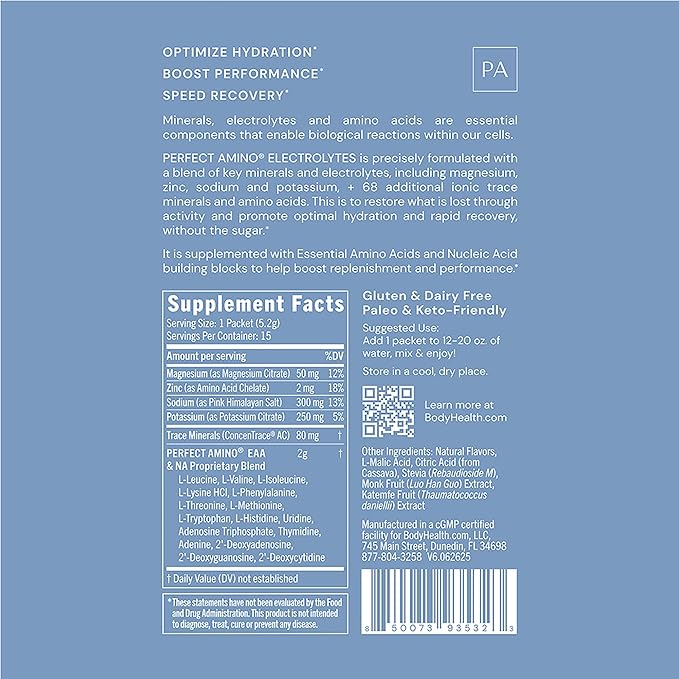 BodyHealth PerfectAmino Electrolyte Drink Mix – Watermelon – No Sugar, Keto & Fasting Friendly, Hydration with Trace Minerals – Stick Packs