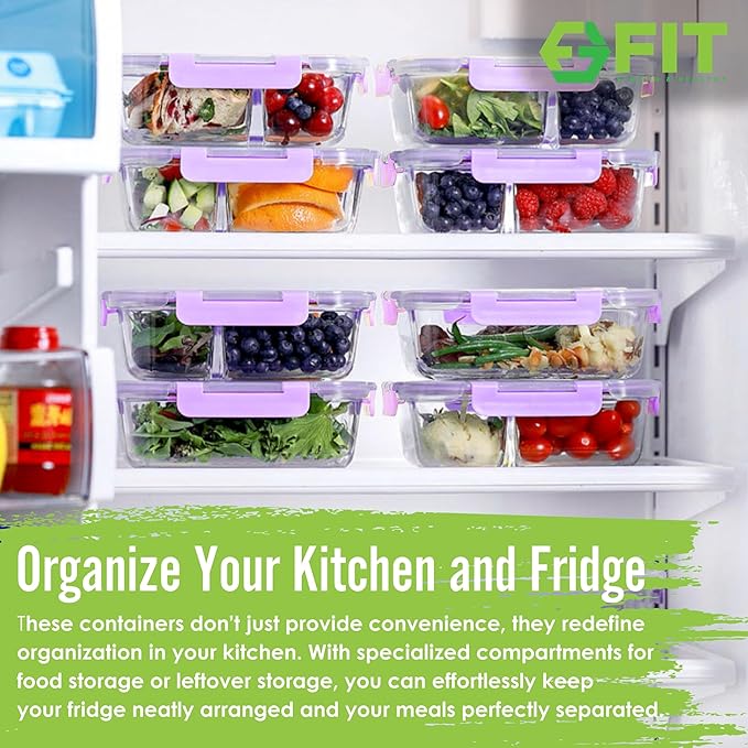 2 & 3 Compartment Glass Meal Prep Containers (4 Pack, 32 oz) - Glass Food Storage Containers with Lids, Bento Box, Portion Control, Airtight, Oven & Freezer safe, Food Container, Lavender