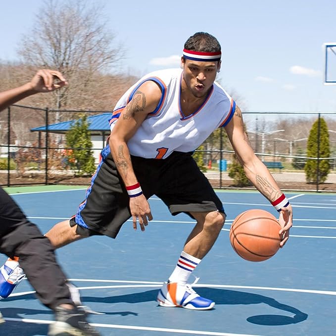 American Flag Sports Headband and Wristband- Striped Sweatband Set for Basketball, Football, Running, Gym, Exercise