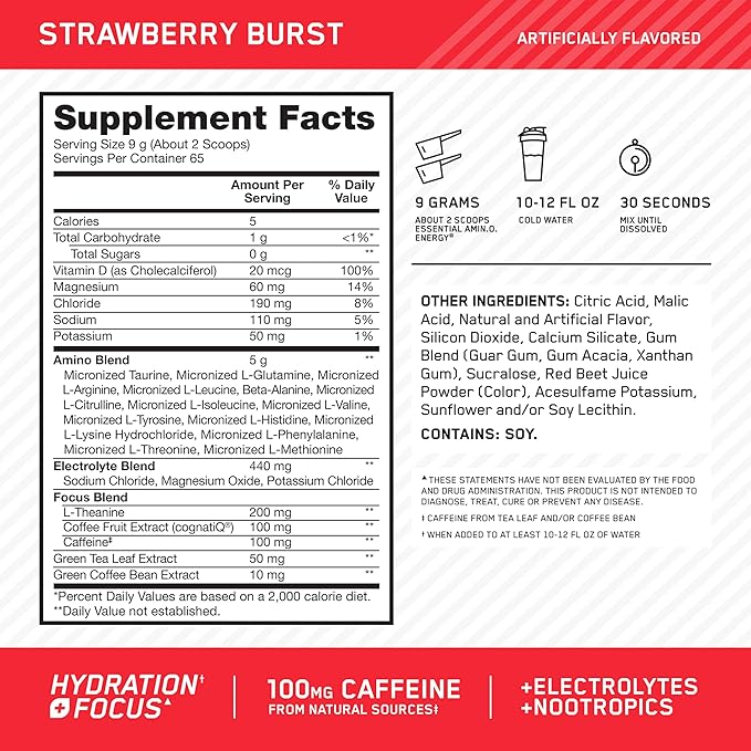 Optimum Nutrition Amino Energy Powder Plus Focus, with BCAA, Electrolytes, and Caffeine, Strawberry Burst, 65 Servings (Packaging May Vary)