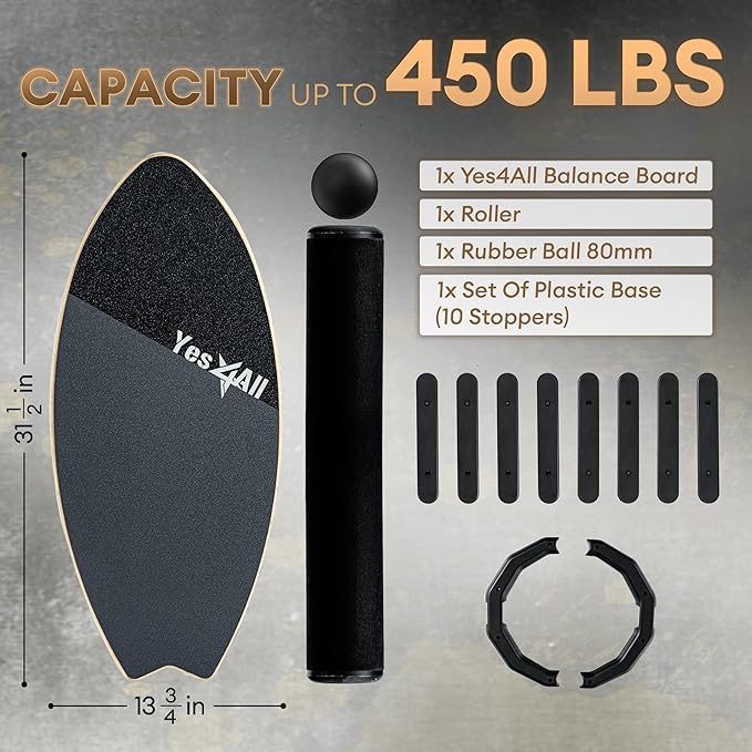 Yes4All 2-in-1 Balance Boards Set, 9 Adjustable Modes Surf Trainer, Wobble Board Exercise for Adults, Includes Roller & Ball