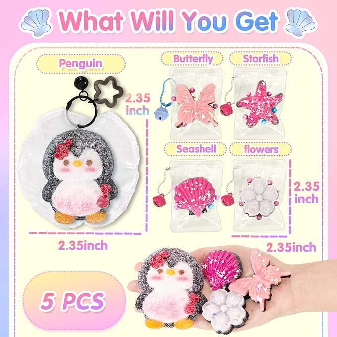 Fidget Squeeze Toys Set 5PCS, Squishies Sensory Toys Includes Penguin Starfish Seashell Flower Butterfly for Stress Relief, Sticky Toys Party Favors Birthday for Kids Teens