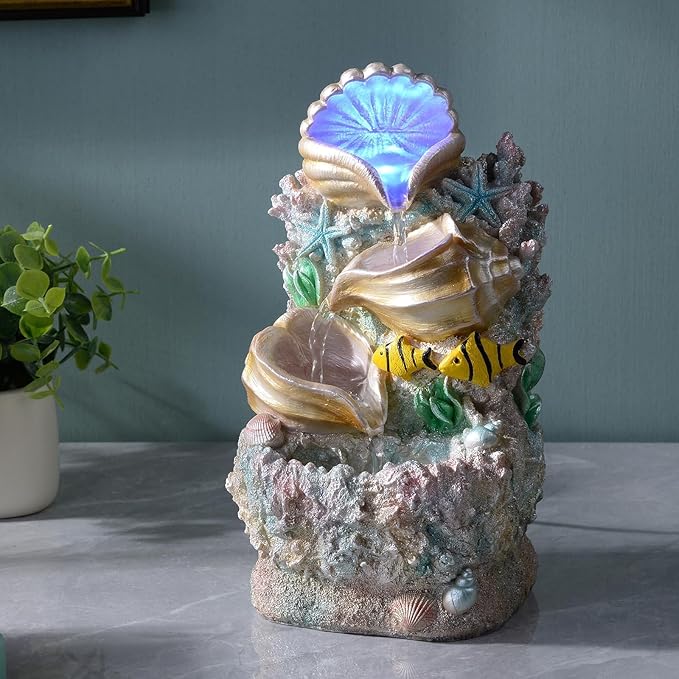 GOSSI Themed Coral Shell Fountain Tabletop Home Décor Indoor Desktop Fountains Perfect for Zen Waterfall Meditation Waterfall Decor Fountain with LED Lights(23037)