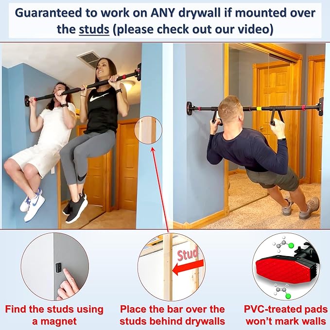 Pull Up Bar for Hallway or Doorway 6-piece Set with Two Attachable Resistance Bands/Handles, Training Manuals, No Screws Chin Up Bar, Max 680lbs, Width options: 27-37", 37-47"; 46-53"
