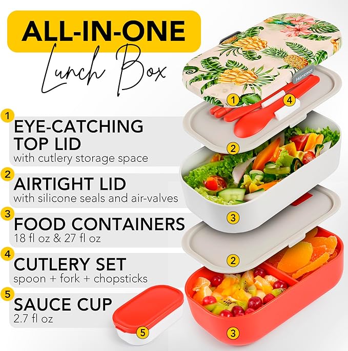 Insulated Stackable Bento Box for Adults with Reusable Chopsticks Japanese Lunch Box Microwavable & Leak Proof Lunch Containers for Men & Women Modern Cute Food Container with Compartments (Red White)