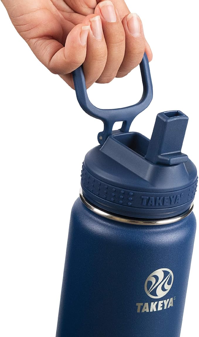 Takeya Actives 24 oz Water Bottle with Straw Lid - Double Wall Stainless Steel Insulation - Dishwasher Safe & BPA-Free - Removable Bumper - Midnight Blue